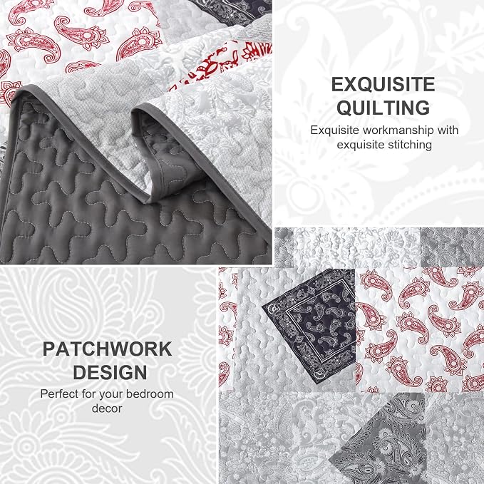 Mybedsoul Grey Red Patchwork Queen Size Quilt, Soft Paisley Floral Bedspreads - Image 4