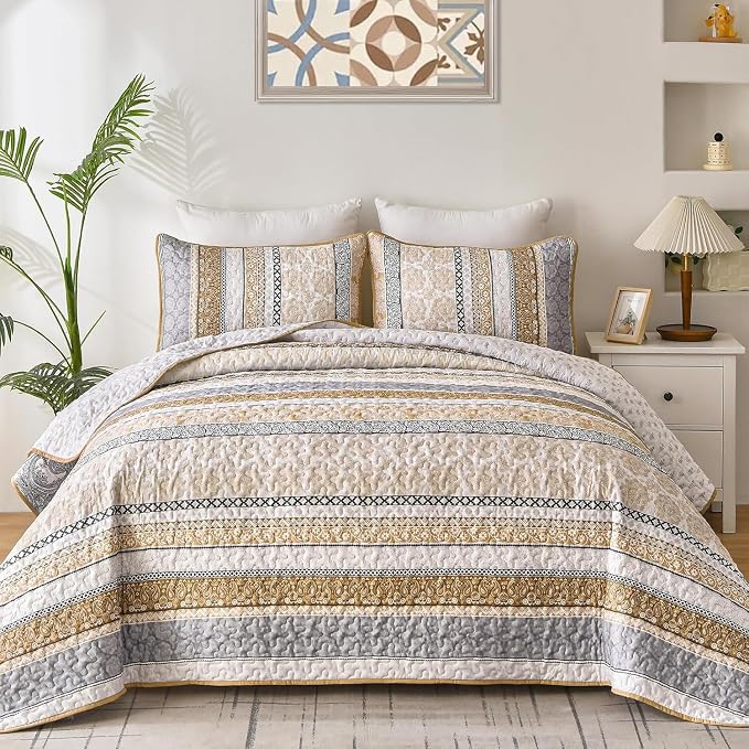 WONGS BEDDING Boho Quilt Set Full Size, Lightweight Microfiber Bedspread by WONGSBEDDING