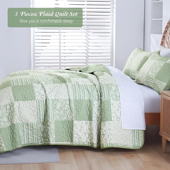 Mybedsoul Light Green Quilt Set King Size, 3 Pieces Plaid Floral Bedspread Set - Image 3