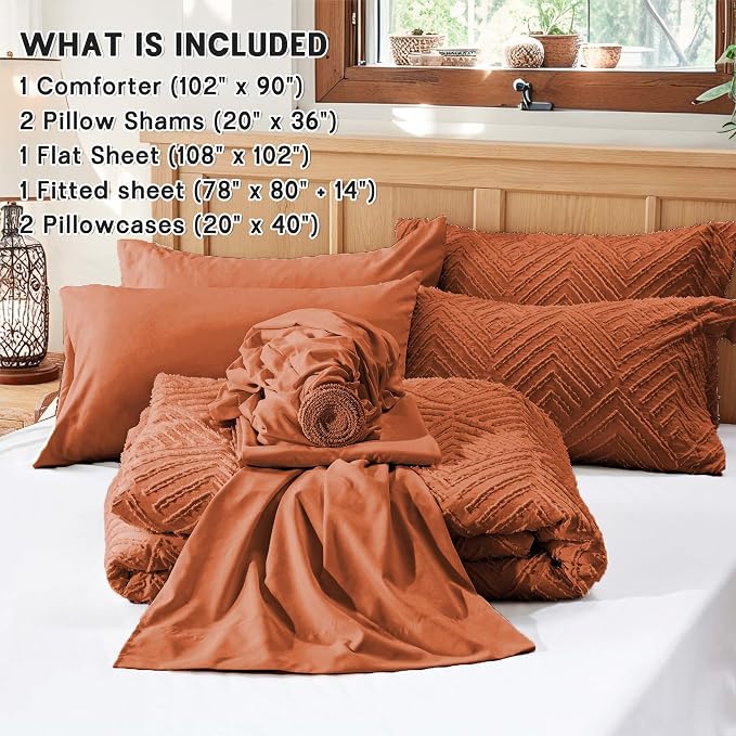 Zzlpp King Comforter Set 7 Pieces, Burnt Orange Tufted Bed in a Bag - Image 5