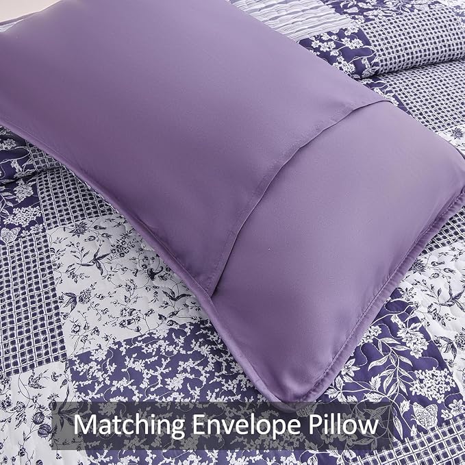 Mybedsoul Purple Quilt Set Full Size, 3 Pieces Plaid Floral Bedspread Set - Image 4