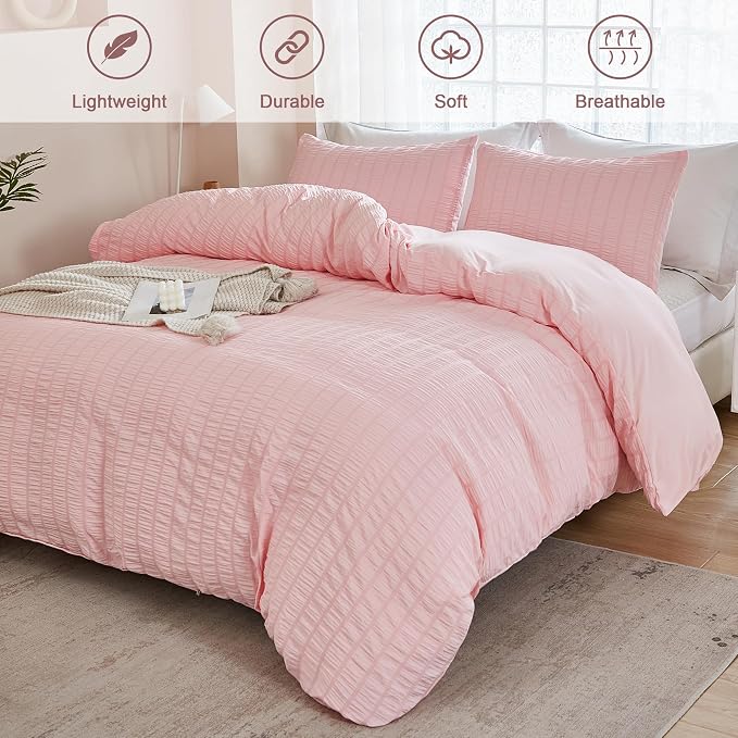 AveLom Blush Pink Seersucker Duvet Cover Set Queen Size, 3 Pieces, Ultra Soft - Image 2