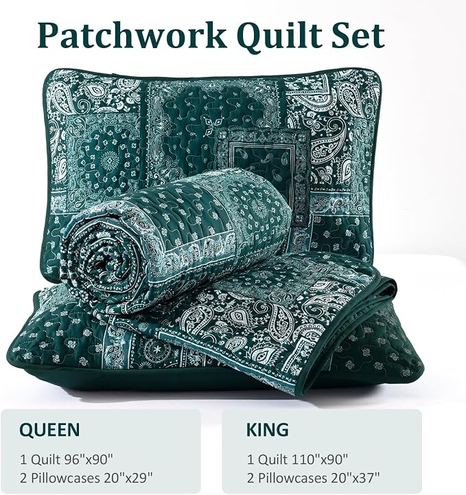 Cottolester King Quilt Set 3 Pieces, Emerald Green Patchwork Quilt Set - Image 8