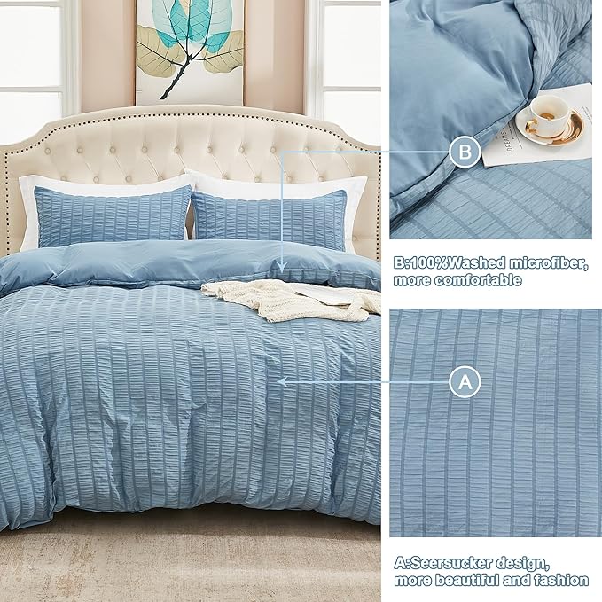 AveLom Seersucker Duvet Cover Set Queen Size Grayish Blue, 3 Pieces, Soft - Image 5