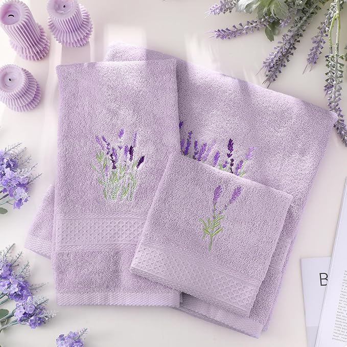 3 Pcs Lavender Floral Bathroom Towel Set Farmhouse Embroidered Lavender Floral - Image 6