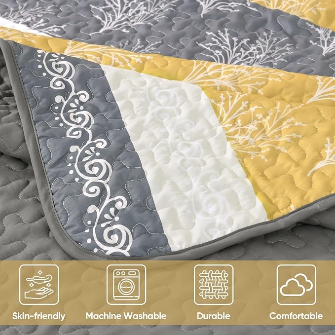 DJY Yellow Boho Quilt Set Queen Size, Striped Floral Yellow and Grey Bedspread - Image 6