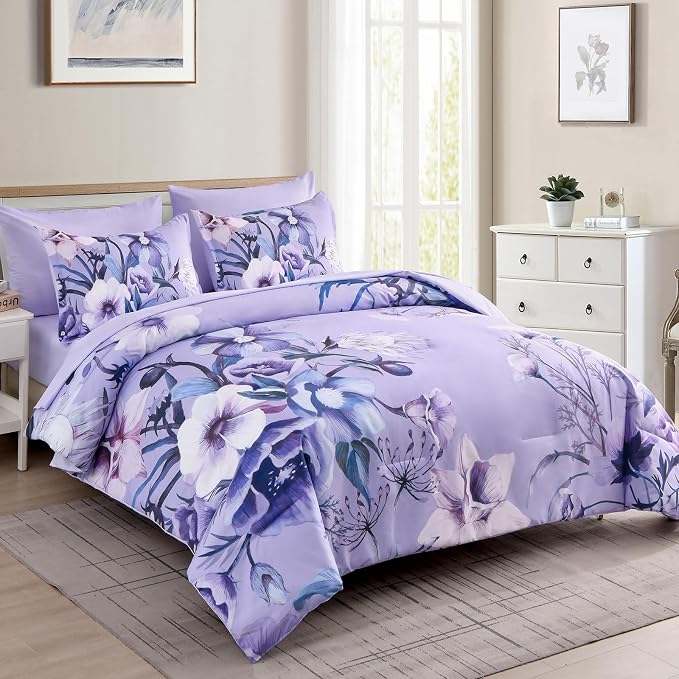 Luxudecor Lavender Purple Floral Comforter Set Queen Size 7 Piece, Flower Bed - Image 2