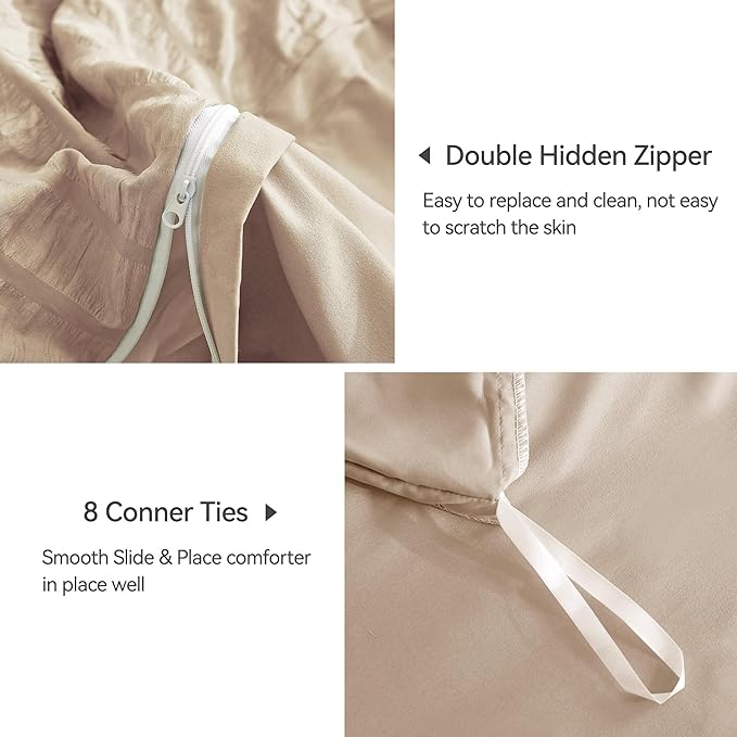 JELLYMONI Khaki Duvet Cover Queen Size, Soft Breathable Seersucker Duvet Cover - Image 5