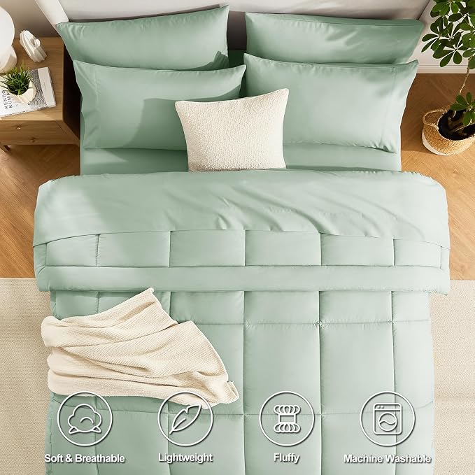 CozyLux Queen Comforter Set Sage Green, 7 Pieces Bed in a Bag, All Season - Image 2