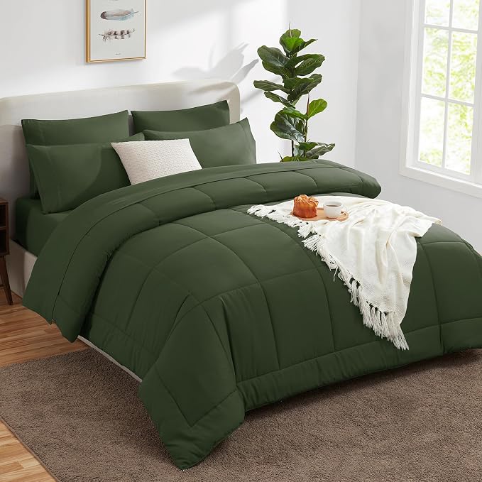 CozyLux Full Size Comforter Sets Olive Green, 7 Pieces Bed in a Bag, All Season - Image 8