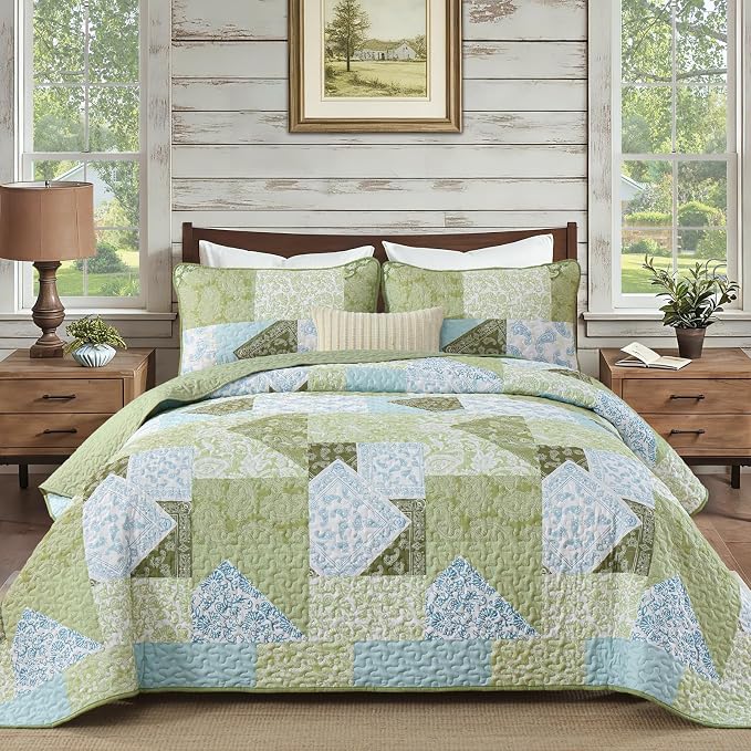 Mybedsoul Patchwork Quilts Queen Size, Soft Sage Green Paisley Floral Queen by Mybedsoul
