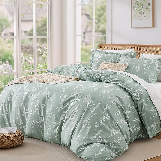 MUXHOMO Duvet Cover Queen Size, Reversible Floral Green Duvet Cover Set - Image 9