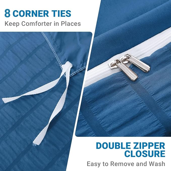 HYMOKEGE Teal Duvet Cover King Size, Ultra Soft 3-Piece Seersucker Duvet Cover - Image 5