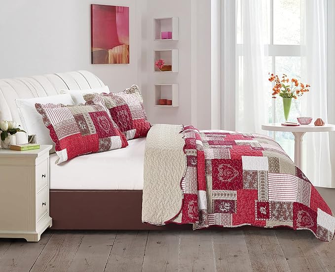 Brilliant Sunshine BurgundyHeart Love, Floral and Lace Patchwork, 3-Piece Quilt - Image 2