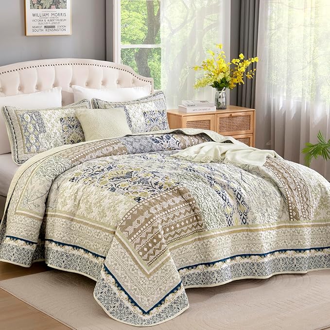 WONGS BEDDING Boho Quilt Set King, 3 Pieces Beige Patchwork Bedspread Coverlet - Image 2