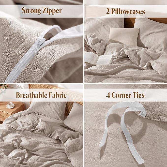 LBRO2M 100% France Linen Duvet Cover Set Cal King Size 3 Pcs Natural Flax - Image 5