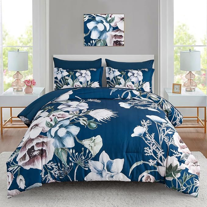 Luxudecor Floral Comforter Set Queen Size 7 Piece, Elegant Comforter Bedding Set by Luxudecor
