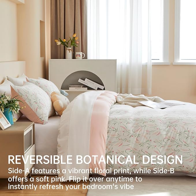 BOLINLIVING Pink Floral Duvet Cover Queen Size, Reversible Botanical Spring - Image 2