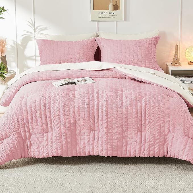HYMOKEGE Pink/Ivory Full Size Comforter Sets Seersucker 7 Pieces, All Season - Image 9