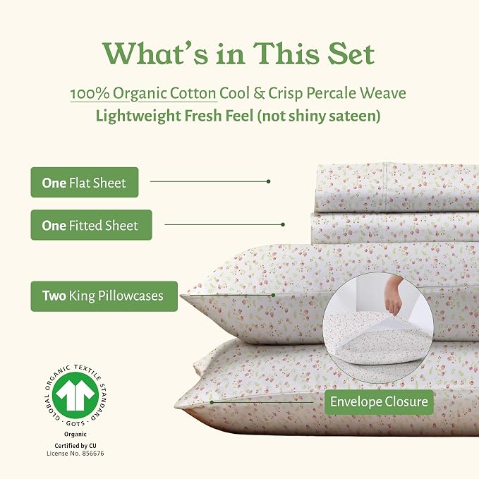 California Design Den King Floral Sheet Set, 100% Organic Cotton Percale Sheets - Image 5
