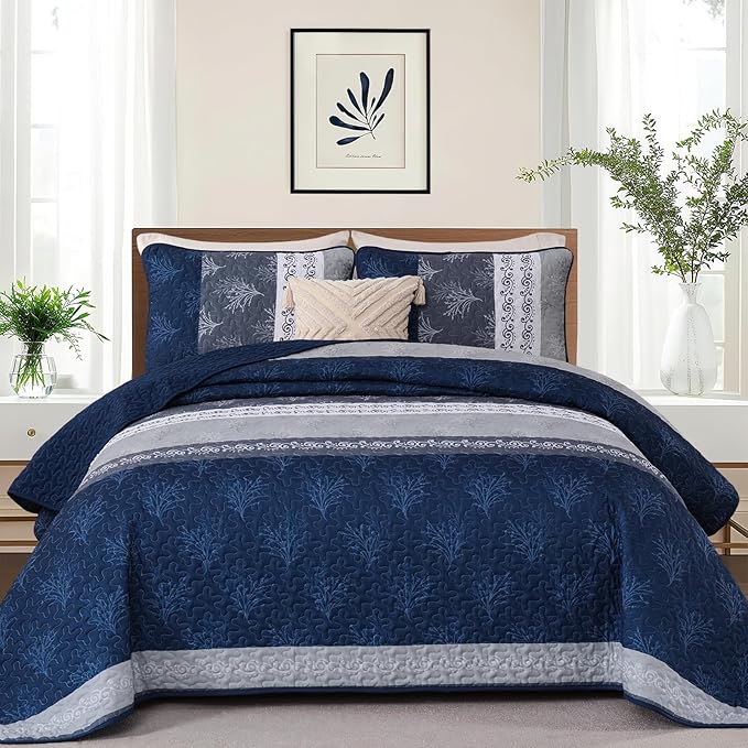 DJY Stripe Quilt Set Queen Size Navy Blue Bedspread Coverlet Set 3 Pieces Boho - Image 2