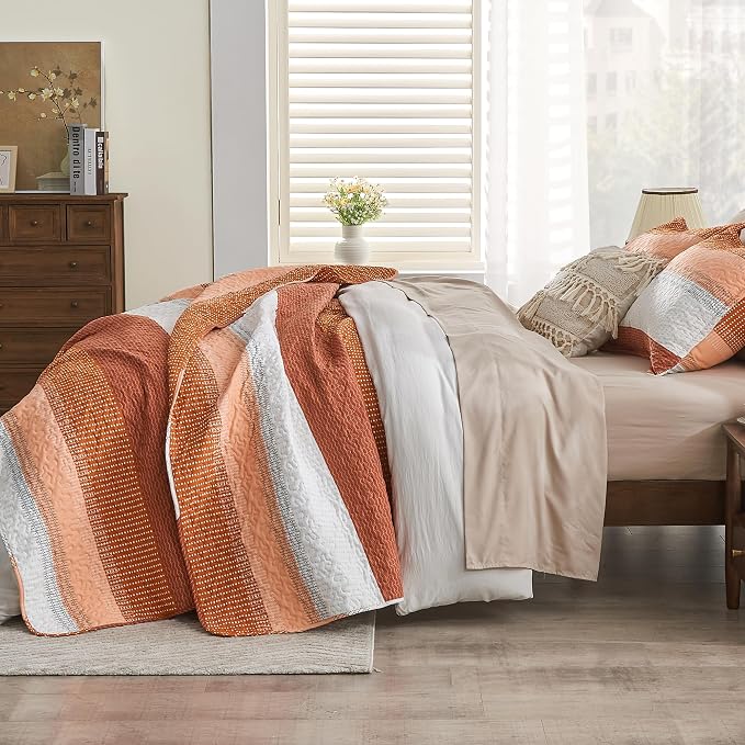 Andency Orange Quilt Queen, 3 Pieces Patchwork Striped Bedspread Coverlet Set - Image 2