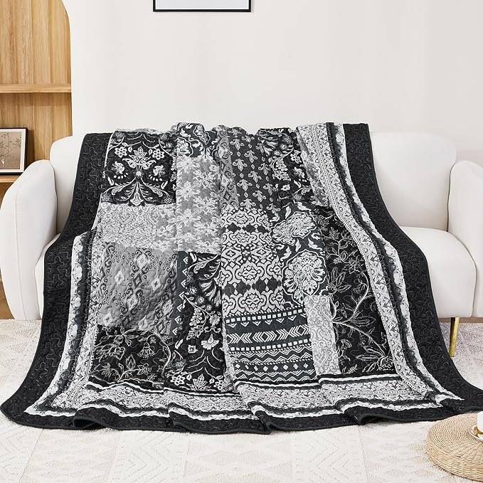 WONGS BEDDING Black Quilt Set King Size, 3 Pieces Boho Patchwork Bedspread - Image 9
