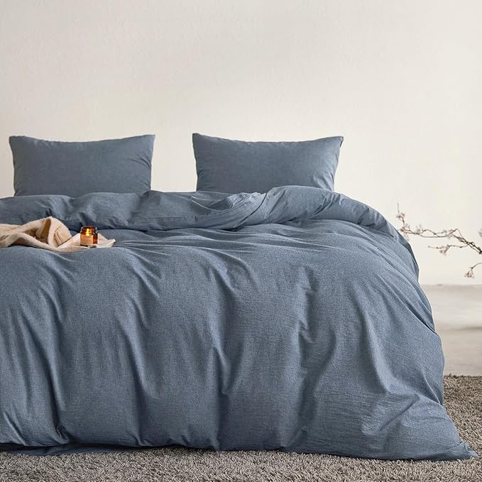 Wake In Cloud - Cotton Duvet Cover Set, Queen Size, Chambray Denim Blue - Image 3
