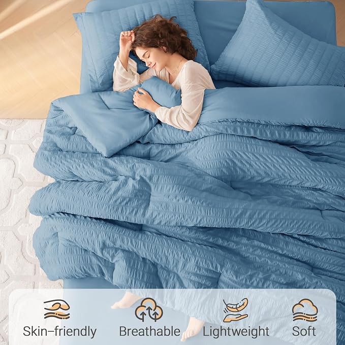 MUXHOMO 7 Pieces Full Comforter Set, Seersucker Bed in a Bag Full Size - Image 2