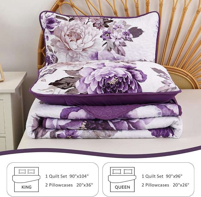 WONGS BEDDING Floral Quilt Set Purple Queen, Quilted Printed Lightweight - Image 7