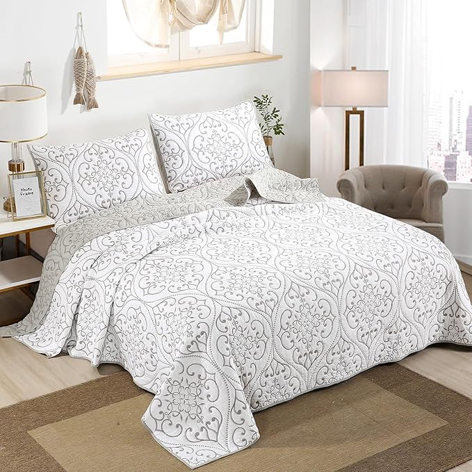 ROOMLIFE Quilt Set Twin Size 3D Floral Embroidery Pattern 3-Piece Cotton by ROOMLIFE