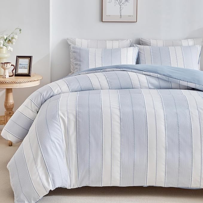 WARMDERN Blue Striped Weave Duvet Cover Queen Size, Microfiber Textured Bedding by WARMDERN