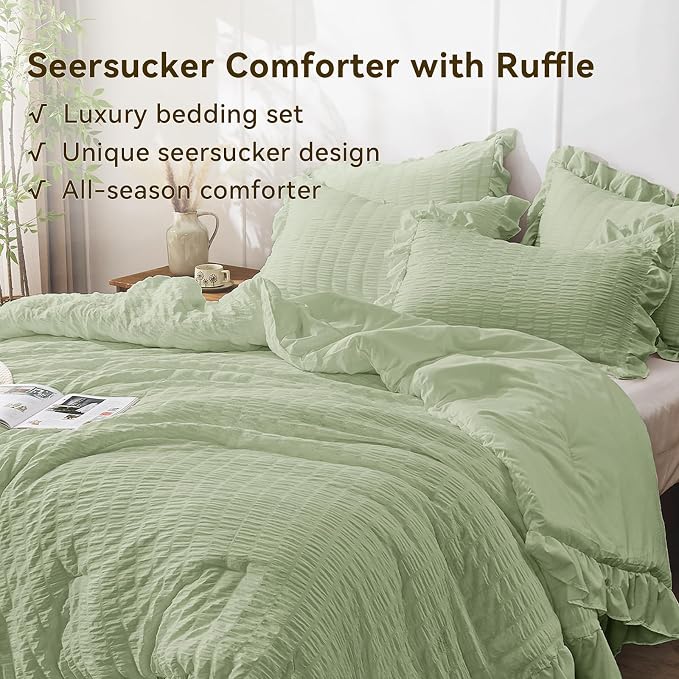 JOLLYVOGUE Sage Green King Comforter Set, 3 Pieces Seersucker Comforters King - Image 3