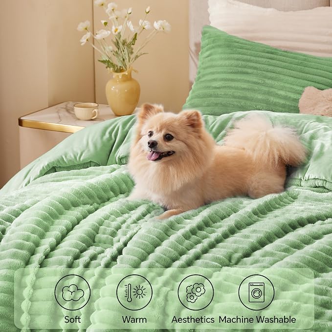 BEDELITE Fleece Queen Comforter Set -Super Soft & Warm Fluffy Green Bedding - Image 3