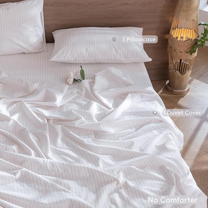 MooMee Striped Duvet Cover Set 100% Washed Cotton Linen Like Textured - Image 2