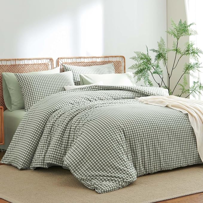 Nayoroom Gingham Duvet Cover Queen Size 100% Washed Cotton Green Plaid - Image 3