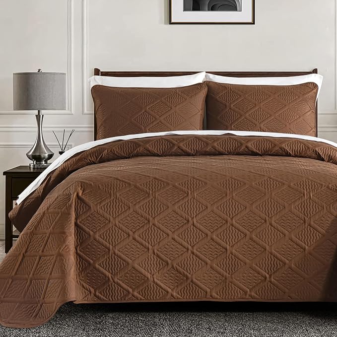 Yiran Brown Quilt Set Queen Size, 3 Piece Reversible Bedspreads Bedding Set by Yiran