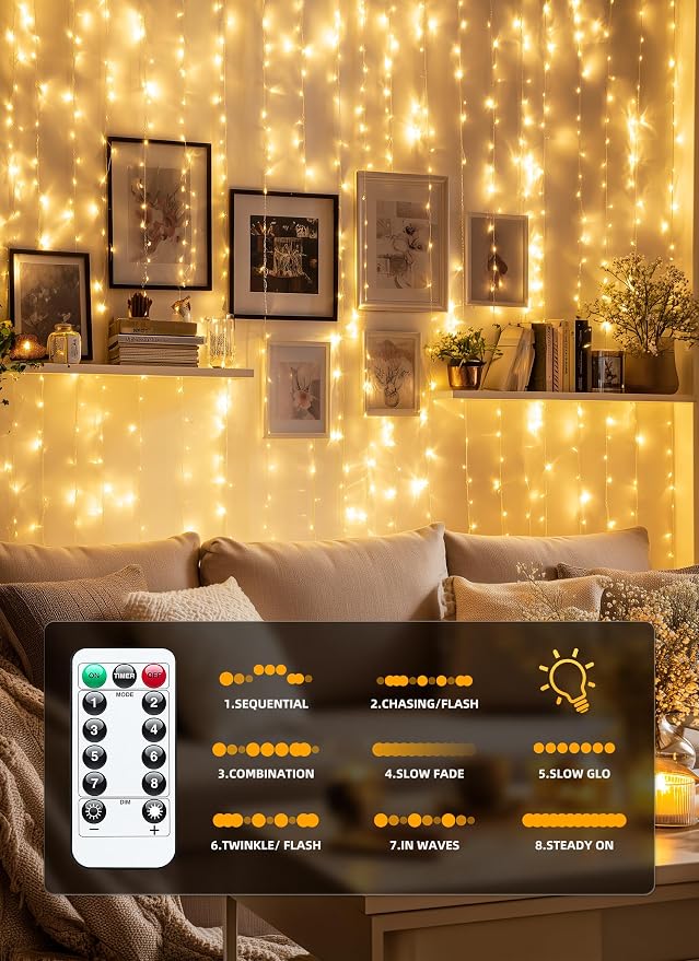Brightown 300 LED Fairy Curtain Lights, 9.8ft x 9.8ft String Lights, USB Plug - Image 5