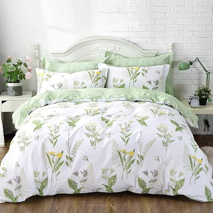 FADFAY Green Leaves Duvet Cover Set Premium 100% Cotton Daisy and Lavender - Image 2