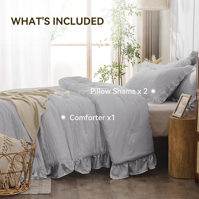 JOLLYVOGUE Light Grey Queen Comforter Set, 3 Pieces Seersucker Comforters Queen - Image 6