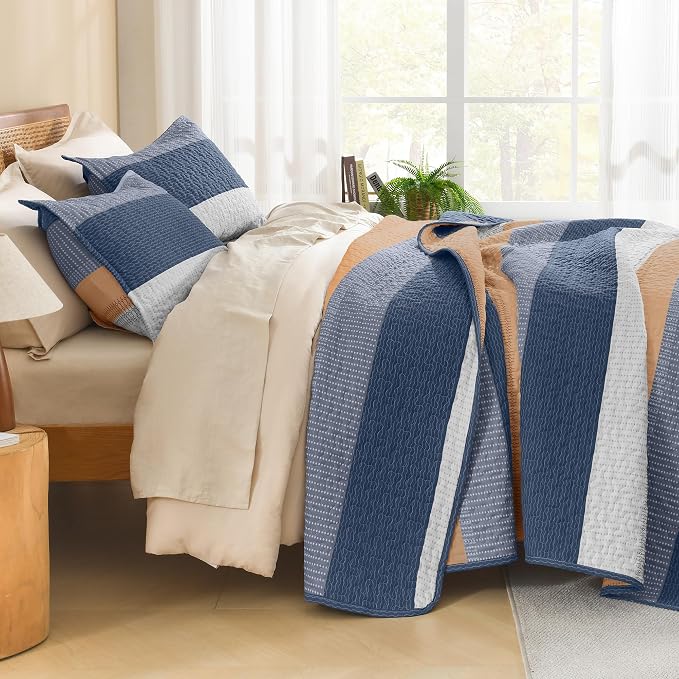 Litanika Quilt King Size BlueO, Stripe Patchwork Summer Bedspread Coverlet 3 - Image 2