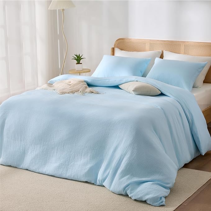 Blue Duvet Cover Queen Size, 100% Sandwashed Cotton Soft Queen Duvet Cover Set - Image 2
