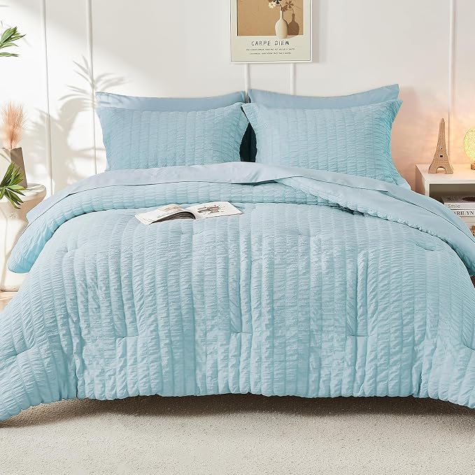 HYMOKEGE Lake Blue Twin Comforter Set Seersucker 5 Pieces, All Season Luxury - Image 9