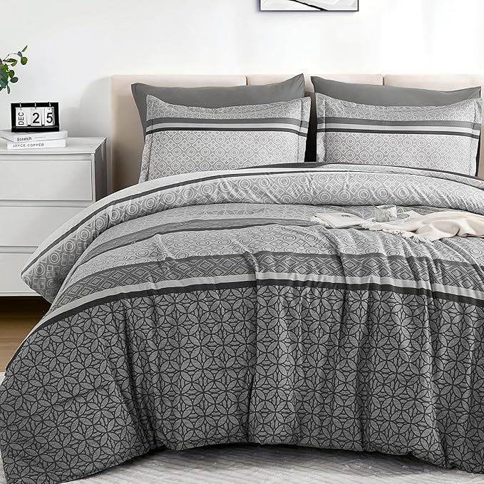 WONGS BEDDING Grey Comforter Set Queen Size, 7 Pieces Striped Bed in a Bag by WONGSBEDDING