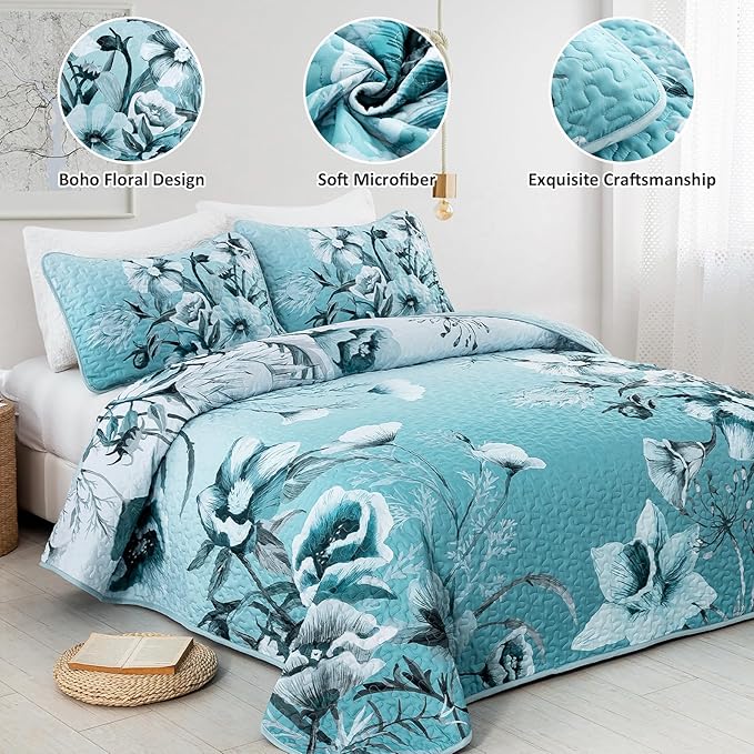 Blue Floral Quilt Set Queen 3 Pieces Boho Flower Quilt Coverlet Set Soft - Image 2