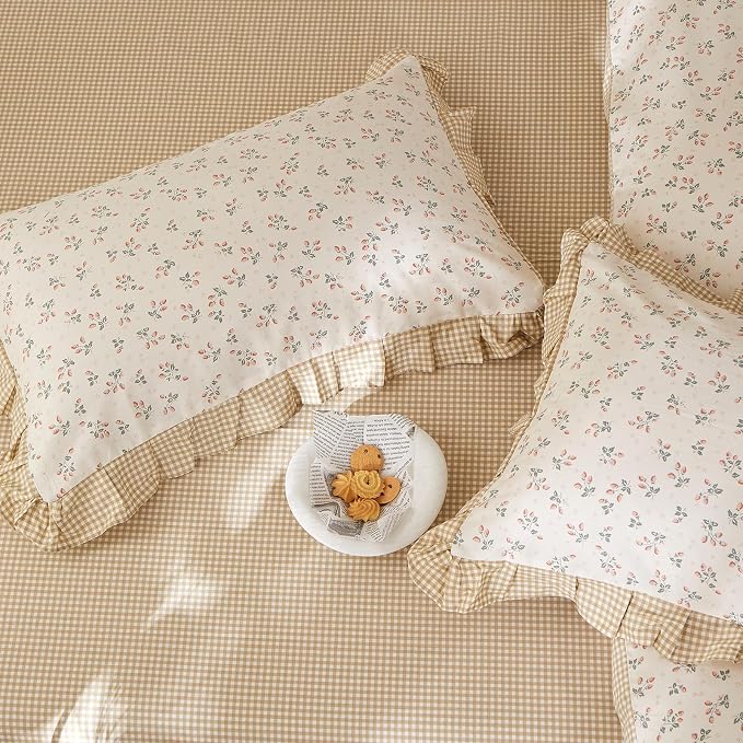 mixinni Beige Floral Duvet Cover Queen Size, 100% Cotton Cute Strawberry Floral - Image 6
