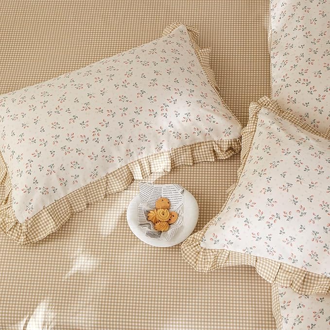 mixinni Beige Floral Duvet Cover Twin Size, 100% Cotton Cute Strawberry Floral - Image 6