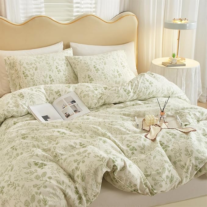 mixinni 3pcs Girls Boho Green Floral Duvet Cover Set King Size Cotton Soft - Image 4
