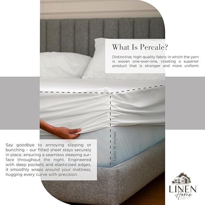 Linen Home 100% Cotton Percale Sheets Full Size, Snow White, Deep Pocket - Image 4