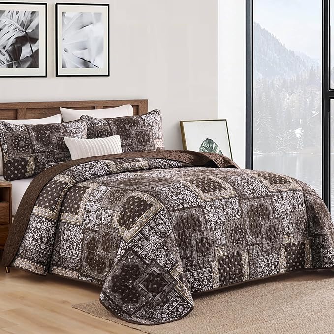 Cottolester Brown Patchwork Quilt Set Queen Size, 3 Pieces Boho Paisley Quilt - Image 2